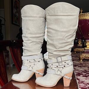 Vintage Cream Heeled Western Boots  Rhinestones, Studs, Buckle and Strap Accents